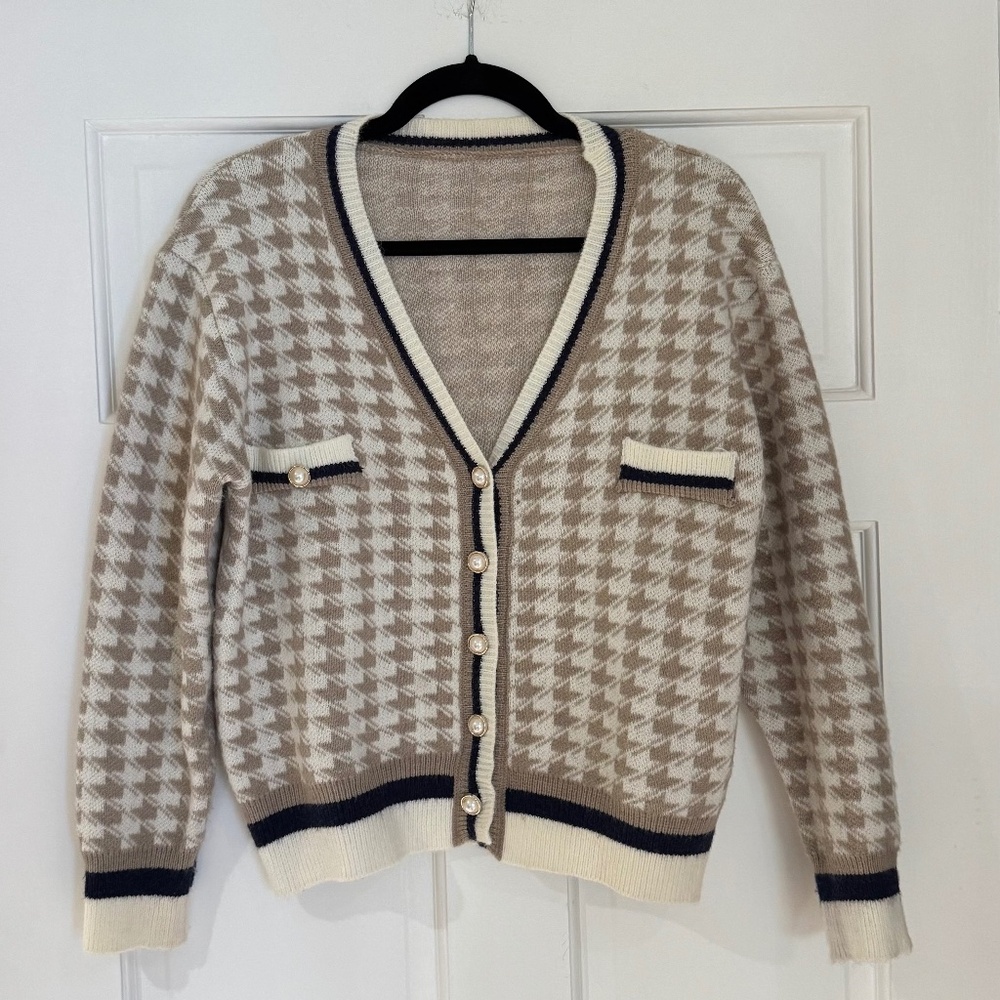 Beige, White & Navy Sweater with Pearl Buttons